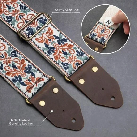 Jacquard embroidery guitar strap with leather ends adjustable for acoustic elect - Picture 2 of 7